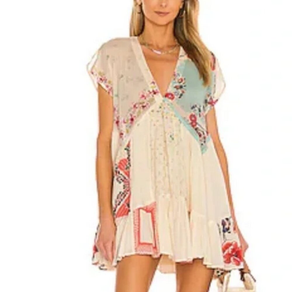 Free People Floral Patchwork Mini Dress in Cream, Aqua, Coral